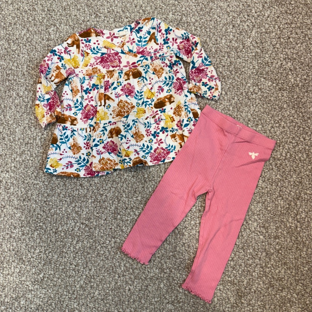 Burt's Bees Baby Fox Floral Tunic and Ribbed Leggings Set Sizs 12 Months Organic